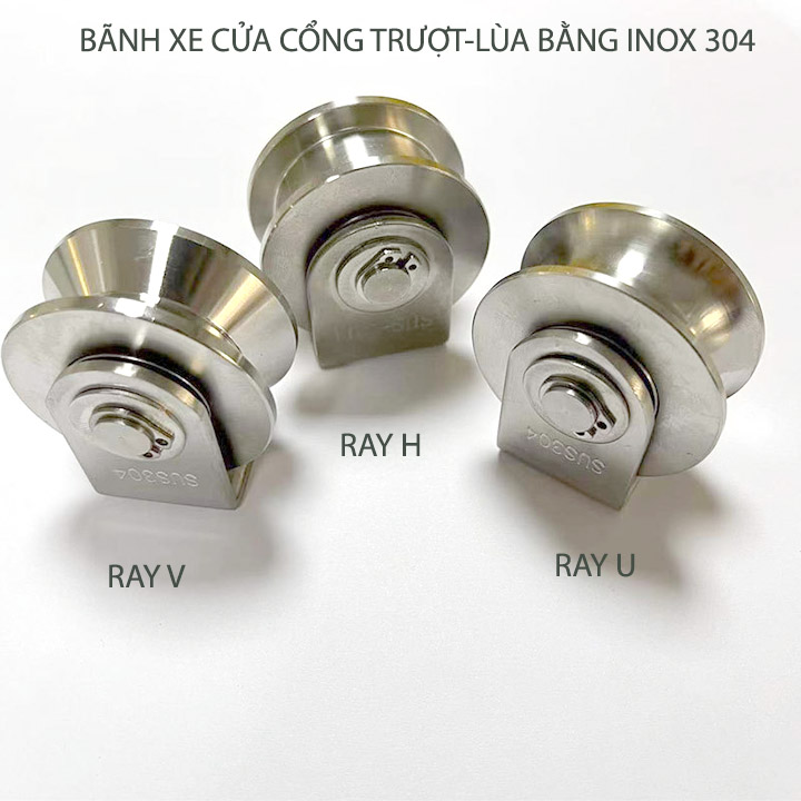 Bộ bánh xe cho cửa cổng trượt, cửa lùa bằng inox 304, loại 16x48mm, Ray U, V, H tùy chọn