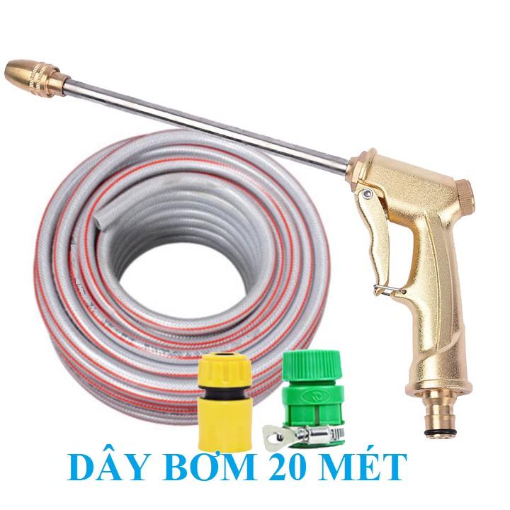 Bộ dây vòi xịt nước rửa xe, tưới cây . tăng áp 3 lần, loại 20m 206701-3 đầu đồng, cút nối vàng
