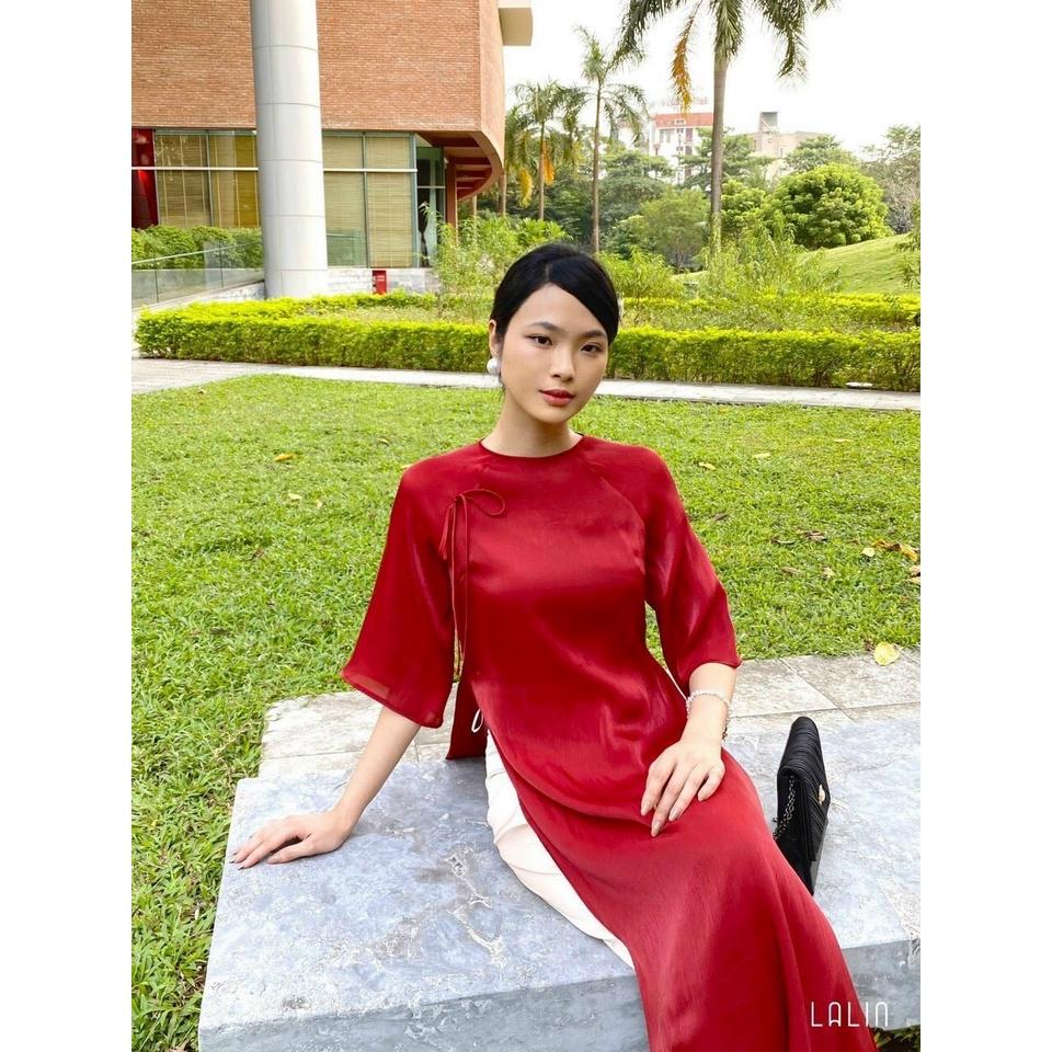 Áo dài cách tân 4 tà cổ tròng thiết kế đính nơ đơn giản cho các nàng đi lễ , đi hội ,..