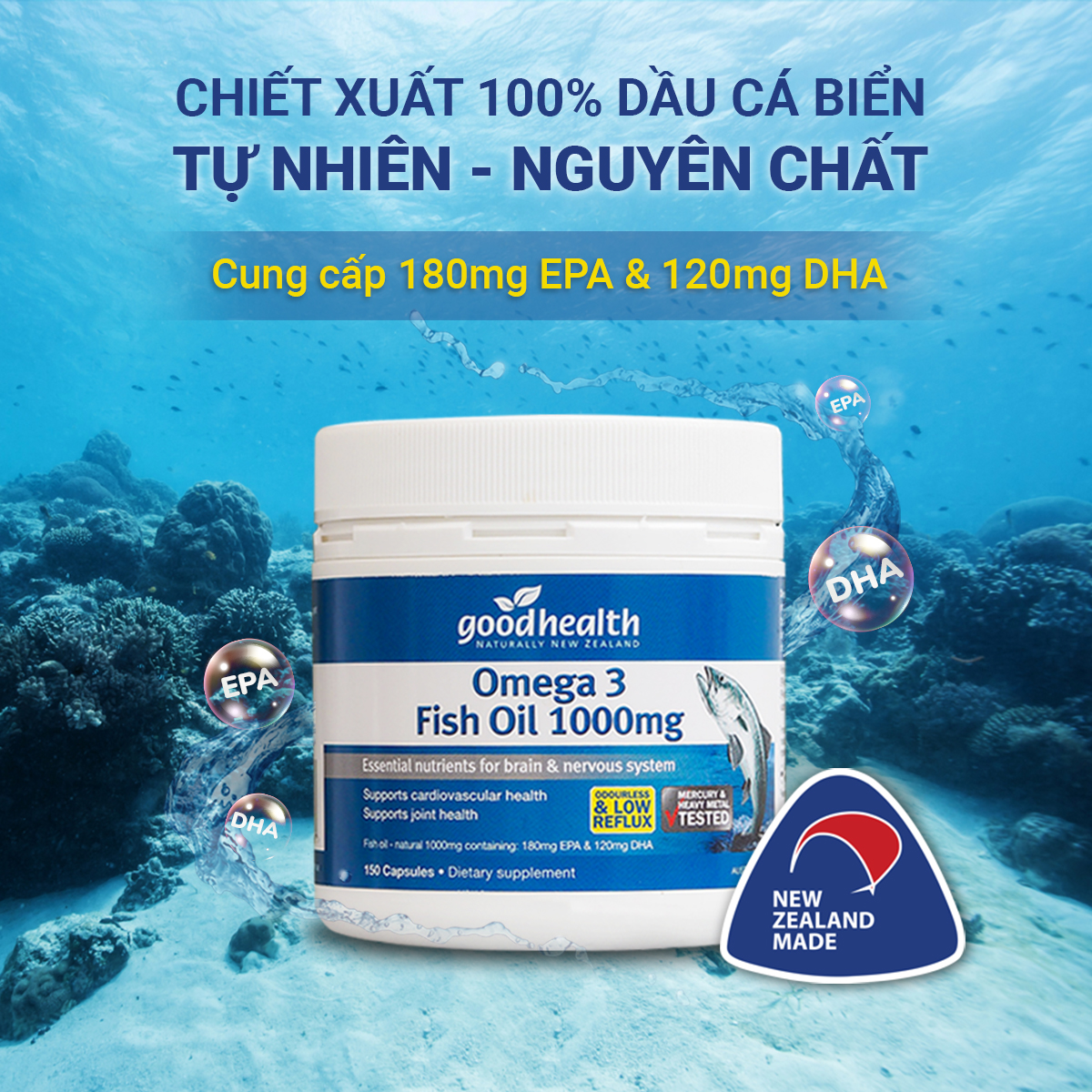 Combo 2 Hộp Dầu Cá Goodhealth Omega 3 Fish Oil 1000mg 150 Viên - Bổ Não - Tăng Trí Nhớ - Mắt Tinh - Chính Hãng Từ New Zealand