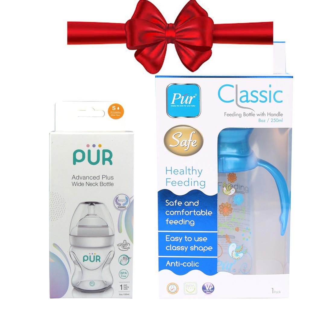 Combo Bình sữa Pur cổ rộng + bình Pur 2 quai