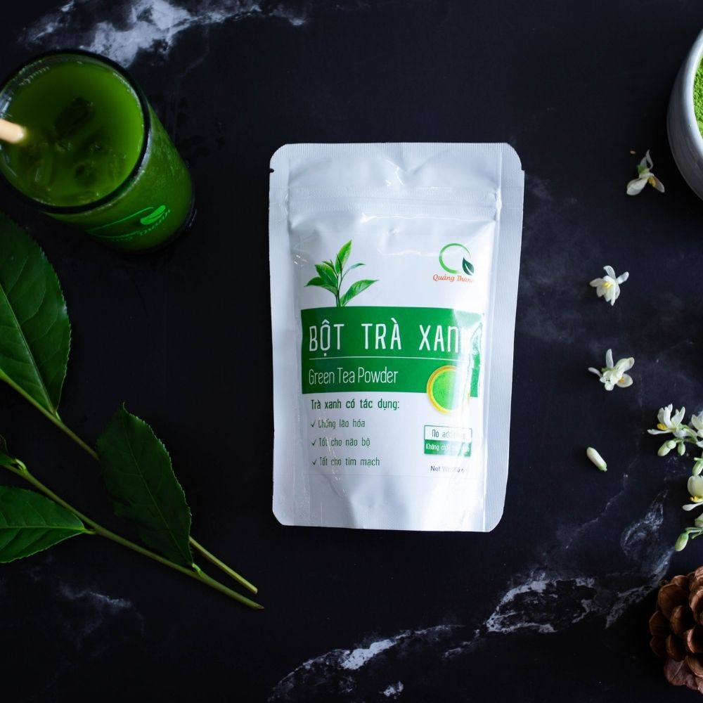 Túi 100g Bột Trà Xanh Quảng Thanh sấy lạnh - 100% búp trà tươi, không chứa chất bảo quản, ngăn ngừa lão hóa, tốt cho não bộ, tim mạch