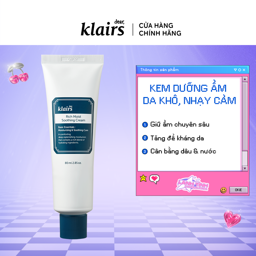 Combo Dear, Klairs Rich Moist Soothing Serum 80ml + Rich Moist Soothing Cream 80g+1 Rich Moist Foaming Cleanser 100ml