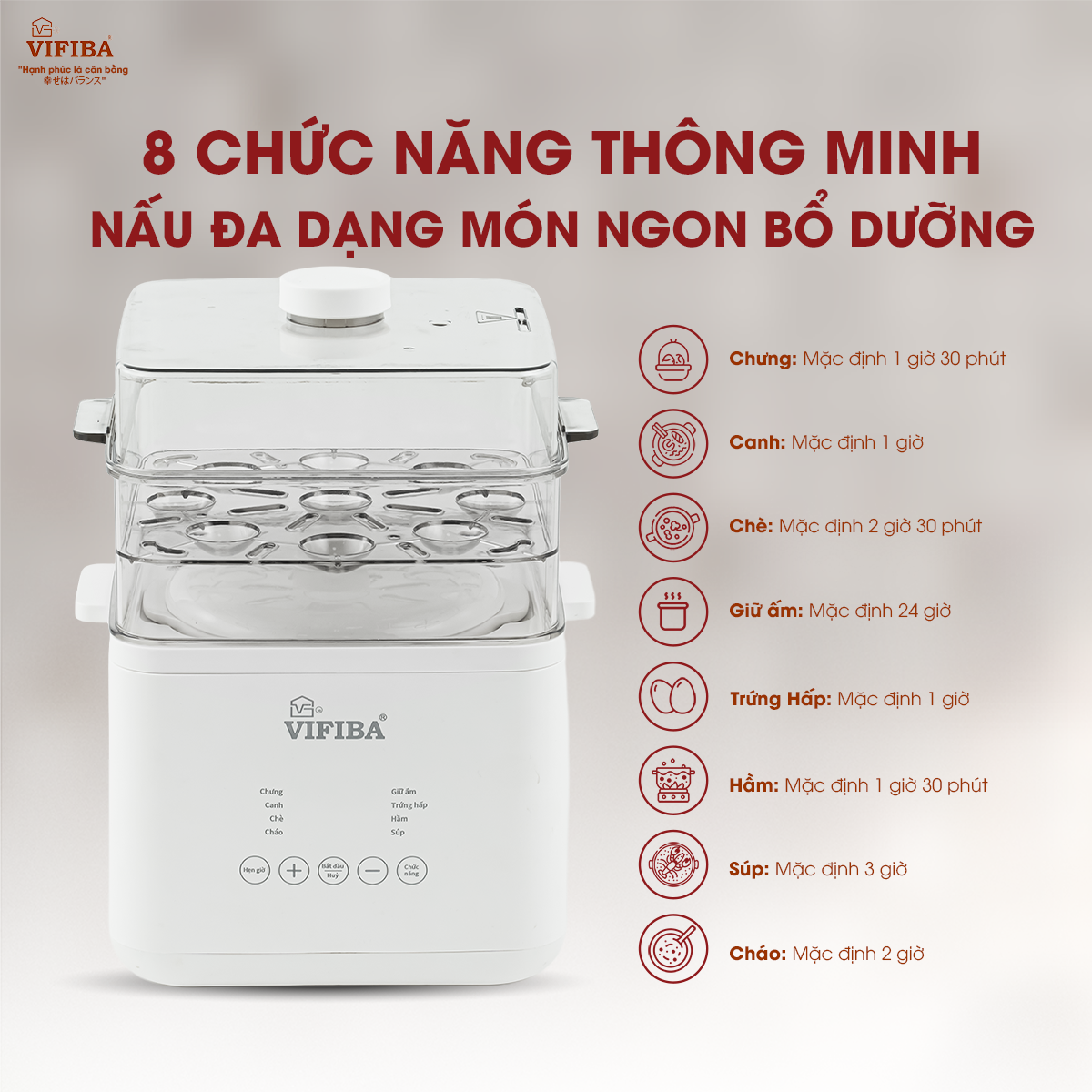 Nồi Nấu Chậm Đa Năng VIFIBA Kèm Hấp Hàng Chính Hãng, 8 Chức Năng Nấu, Nồi Cho Bé Ăn Dặm, Nấu Cháo, Hầm, Hấp,....