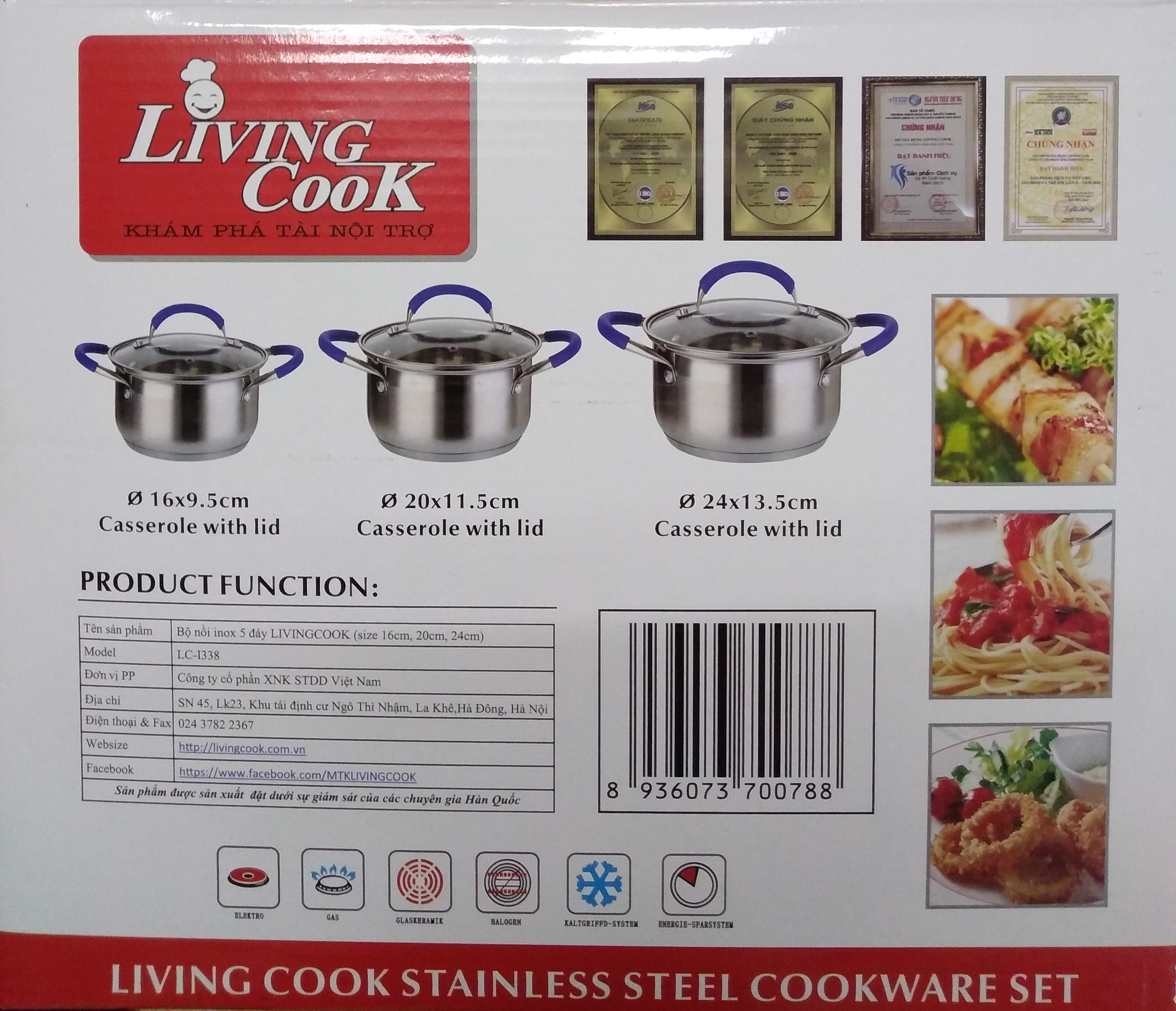 Bộ Nồi Inox 5 Đáy LivingCook LC-I338 Dùng Mọi Bếp (16-20-24 cm) - Hàng Chính Hãng