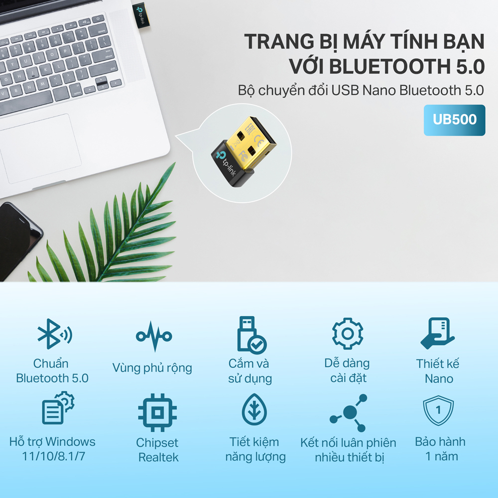 Bộ chuyển đổi Bluetooth TP-Link UB500 USB Nano Bluetooth 5.0, Hỗ trợ Windows 11/10/8.1/7, hàng chính hãng