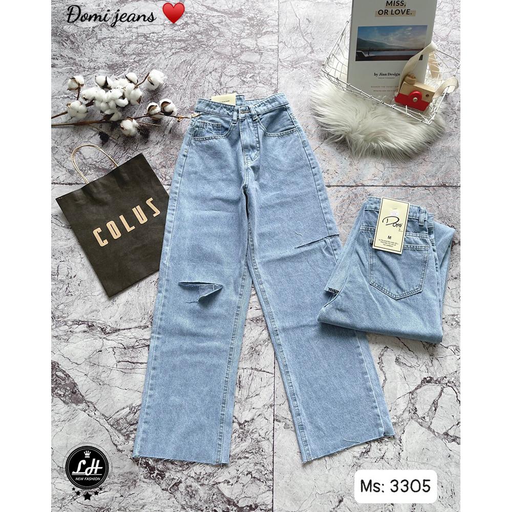 Quần jean ống rộng nữ rách sườn gối 2 line Lê Huy Fashion kiểu 1 nút hàng cao cấp MS 3305