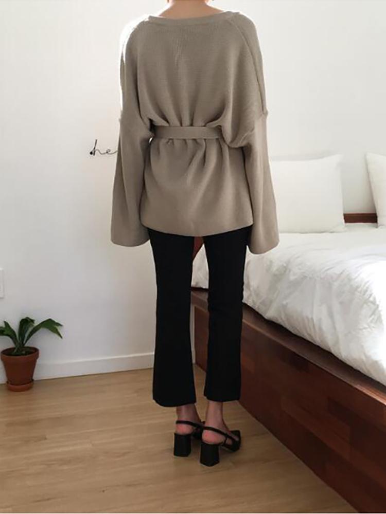 Thanh Lịch Khoác Cardigan Nữ 2021 Thu Đông Hàn Quốc Cổ Chữ V Dây Dài Tay Áo Len Dệt Kim Cardigan Nữ