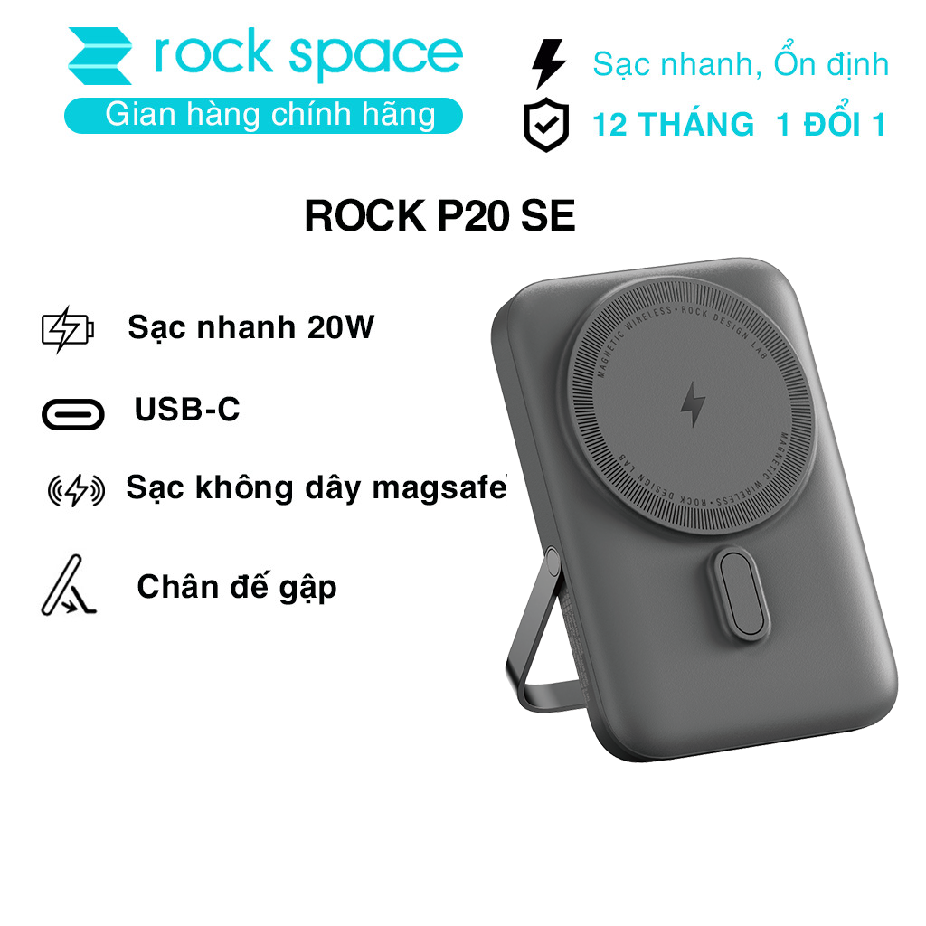 Pin sạc dự phòng không dây kèm giá đỡ điện thoại Rockspace P20 SE sạc nhanh PD 20W 10000mAh - Hàng chính hãng bảo hành 12 tháng