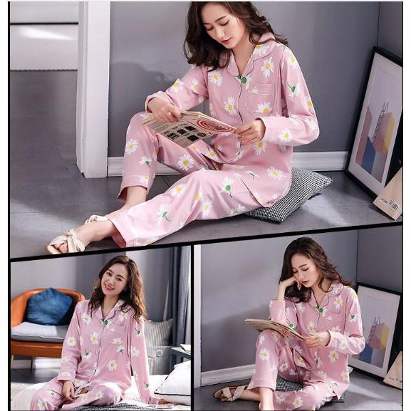 Bộ Đồ Pyjama Bầu Và Sau Sinh Dài Tay Az9446 Chất Liệu 100%Cotton Họa Tiết Hoa Cúc Dễ Thương Có Thiết Kế Cho Bé Ti