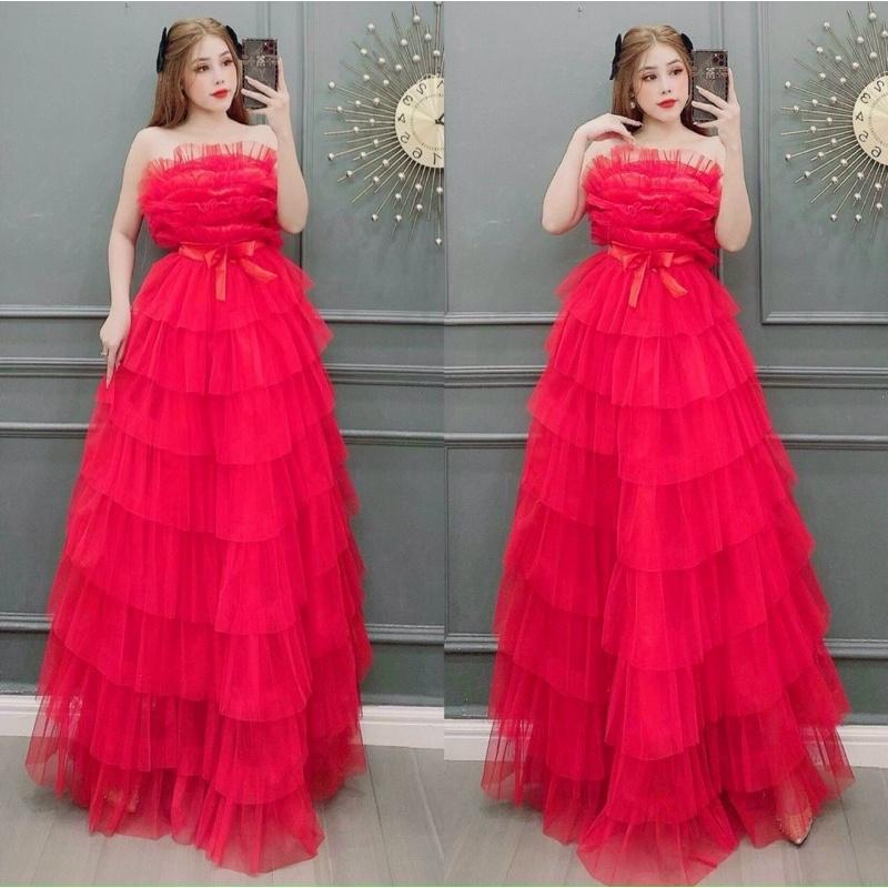 Đầm váy nữ maxi cúp tầng có 2 màu trắng đỏ
