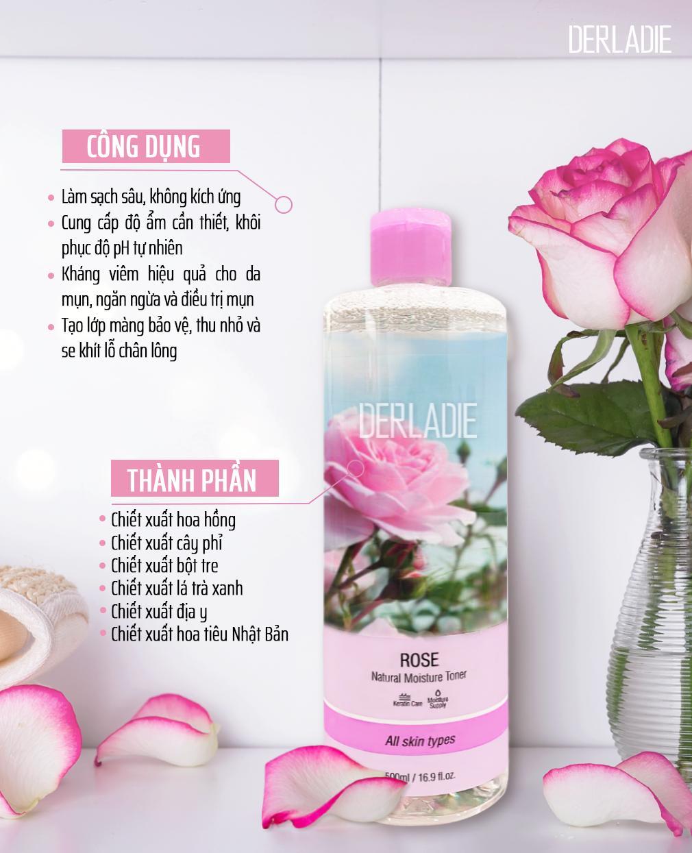 Nước hoa hồng cấp ẩm, phục hồi và se khít da Derladie Rose Natural Moisture Toner 500ml + Tặng Kèm 1 Băng Đô Tai Mèo Xinh Xắn ( Màu Ngẫu Nhiên)