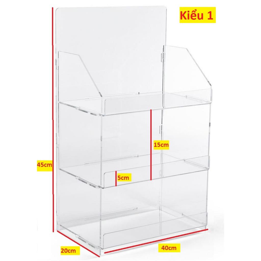 Kệ mica đựng sách báo, tạp chí, tạp hóa, trưng bày sản phẩm, nhiều kích thước, nhiều màu sắc, dạng lắp ráp - Trong suốt