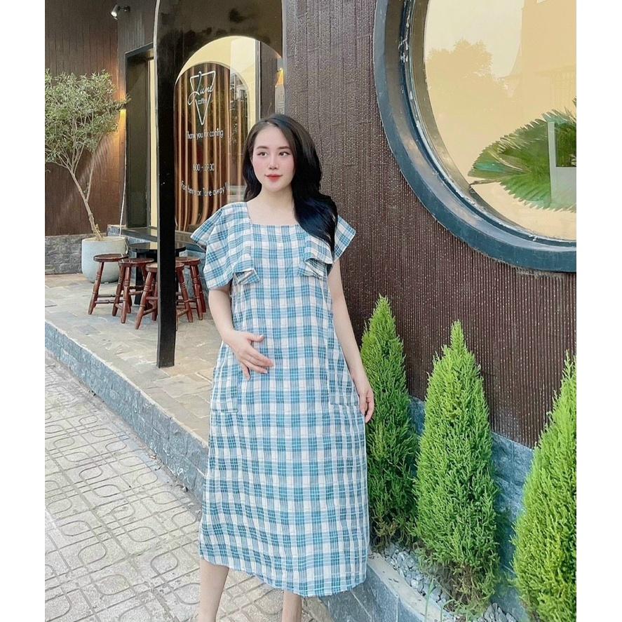 Váy bầu kẻ tay bồng thời trang thiết kế xinh xắn M560 mặc đi chơi dự tiệc Mom and Baby