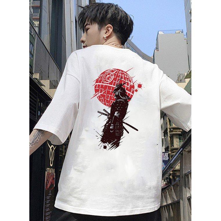Áo phông unisex tay lỡ form rộng nam nữ họa tiết samurai vải dày mịn 2021T3175