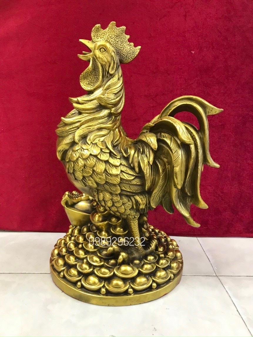 Tượng Gà đứng mâm thỏi vàng bằng đồng cỡ to cao 40cm - Gà phong thủy cỡ lớn
