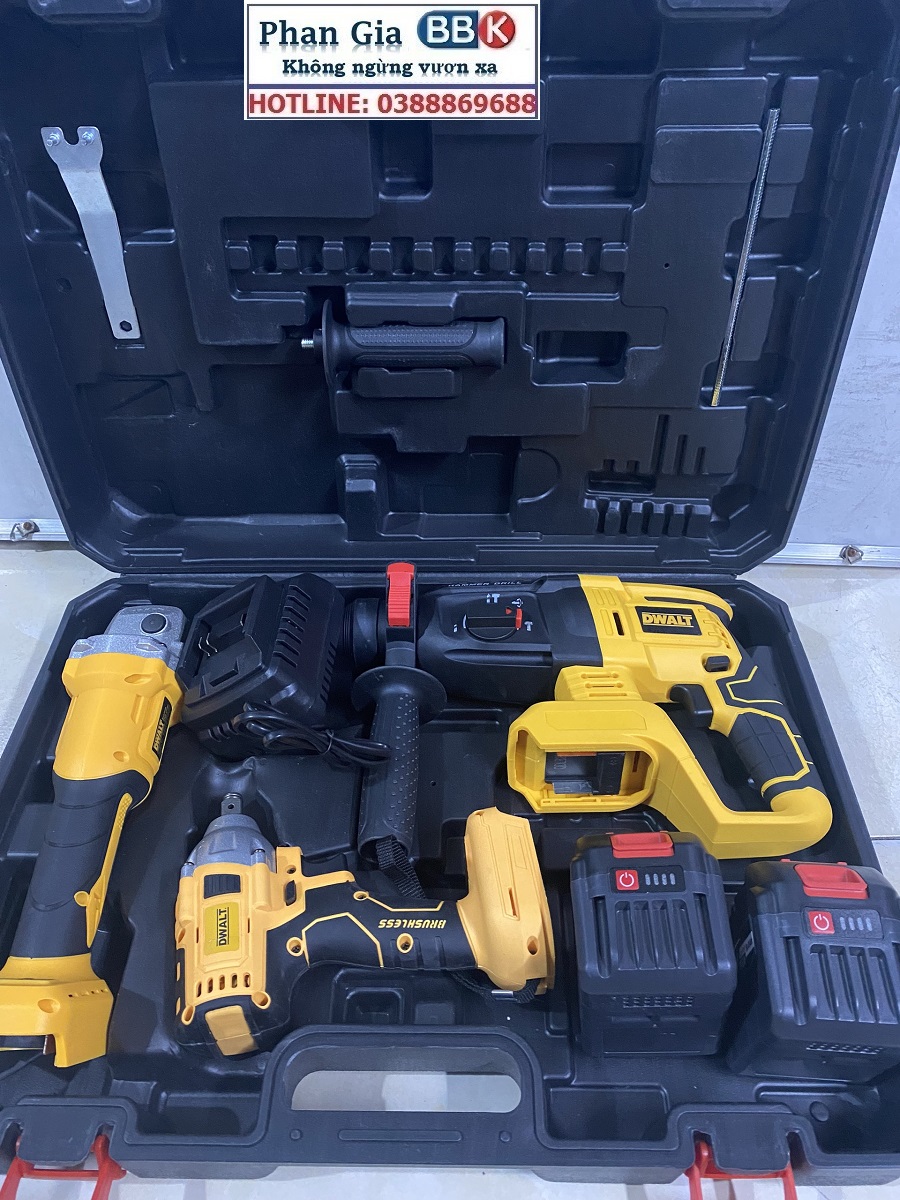 Bộ Combo 3 Trong 1 Gồm Máy Khoan Đục Bê Tông, Máy Mài Và Máy Siết Bulong Dùng Pin 199V, 2 Pin 15 Cell, Động Cơ Không Chổi Than
