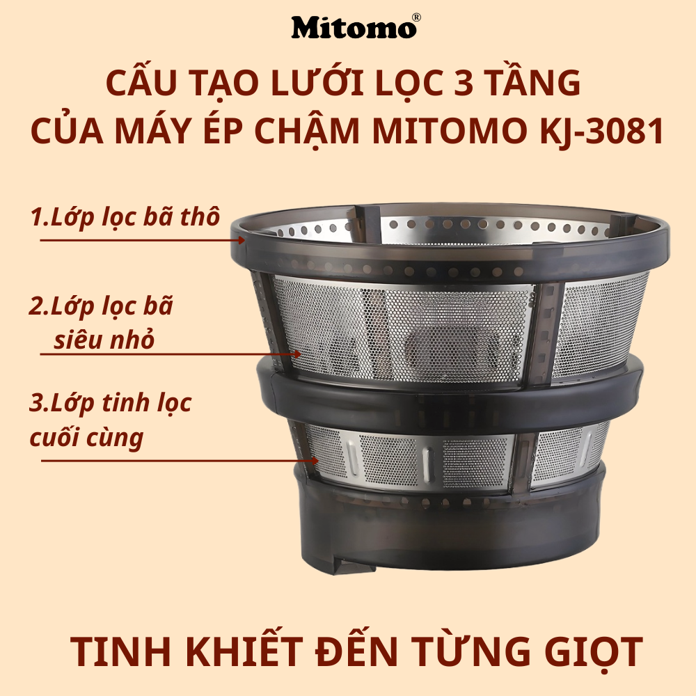 Máy Ép Chậm, Máy Ép Trái Cây Công Nghiệp Mitomo KJ3081 Kiệt Bã - Hàng Chính Hãng Bảo Hành 3 Năm