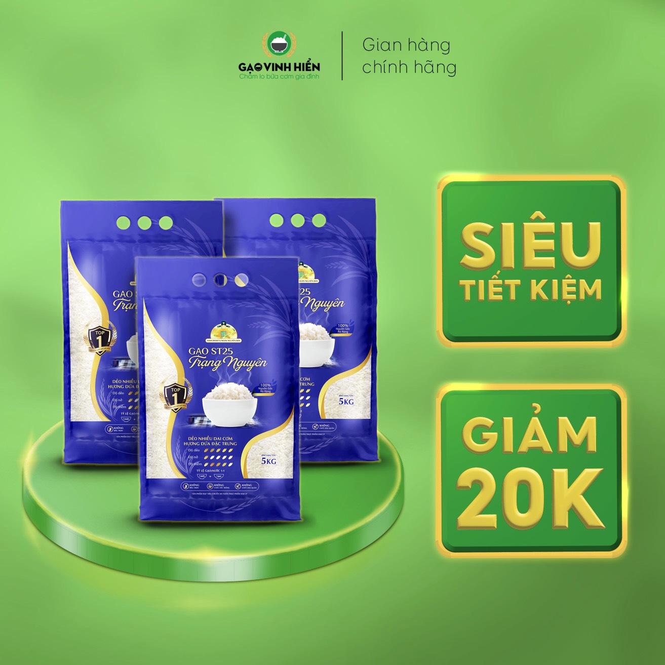 [TIẾT KIỆM] Combo 3 túi Gạo ST25 Vinh Hiển - Tiết kiệm, dẻo mềm, thơm lá dứa