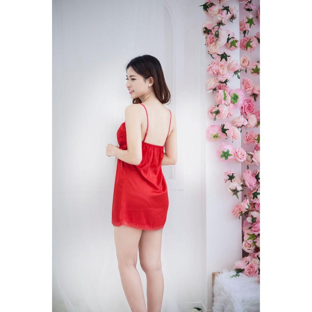 Váy ngủ lụa cúp ngực ren hoa xinh xắn tặng kèm quần lót ren gợi cảm-Màu đỏ