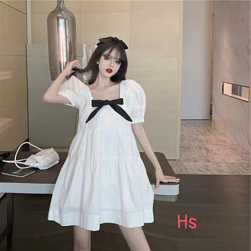 Váy Babydoll Công Chúa Nơ Ngực Siêu Xinh Đầm Trắng Nữ Tay Ngắn Cổ Rộng Nơ Đen