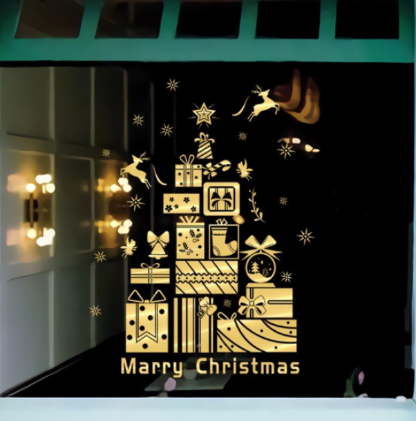 Decal trang trí Noel - Hộp quà và rèm châu Noel ánh vàng