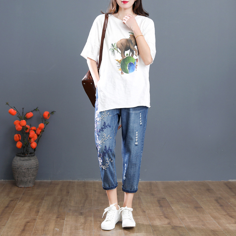 Quần jean bò baggy thêu hoa dây dễ thương QB35