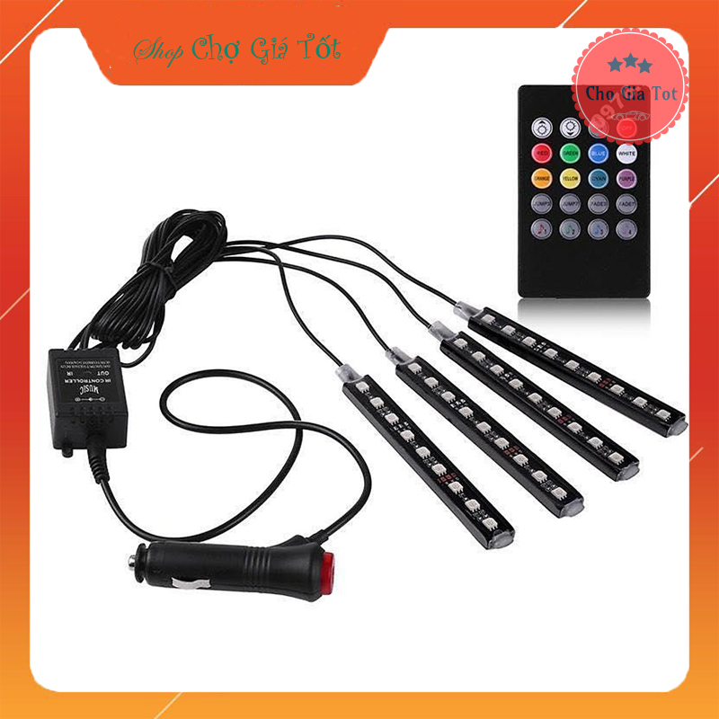 Bộ đèn LED cảm biến nhạc 4 thanh 9 bóng LED lắp gầm ghế ô tô-Có Remote