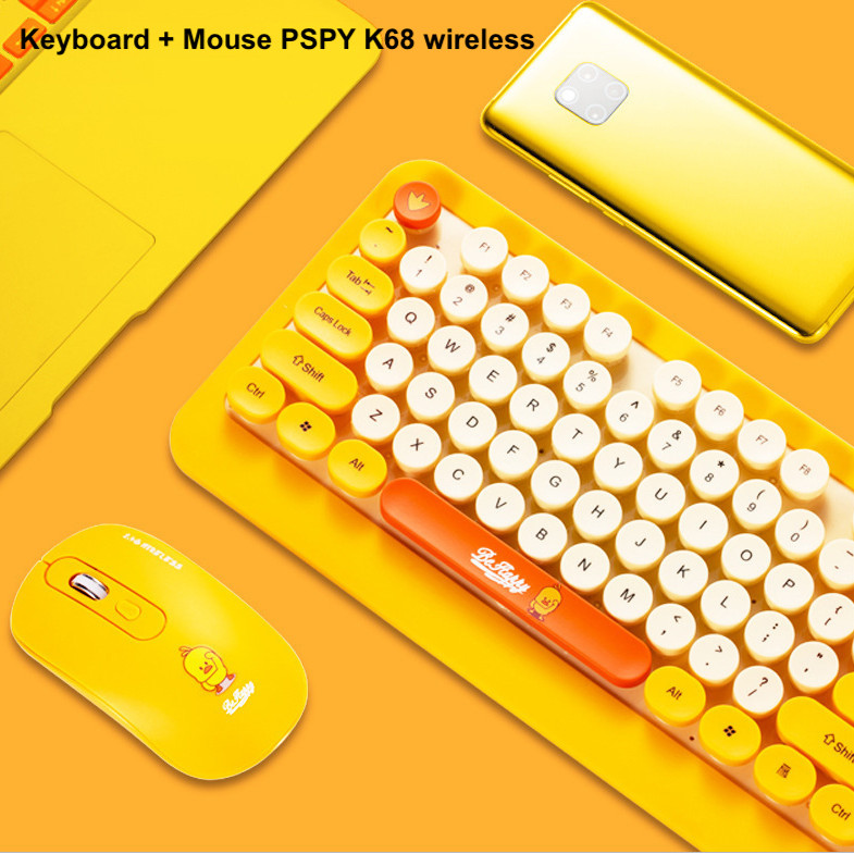 Combo Phím + Chuột PSPY K68 Cute không dây màu Vàng, Xanh, Đen, Keyboard Bluetooth văn phòng đẹp, chơi game chất lượng cao