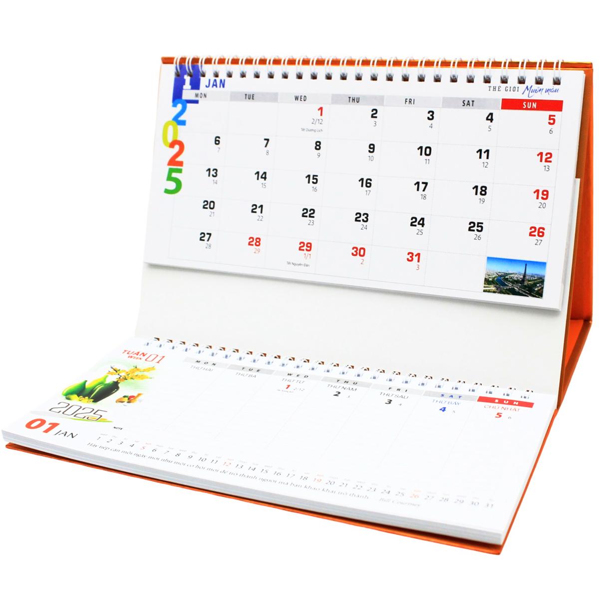 Lịch Bàn 2025 Có Note - Thế Giới Muôn Màu - Văn Lang VL-LB12 - Đế Màu Cam
