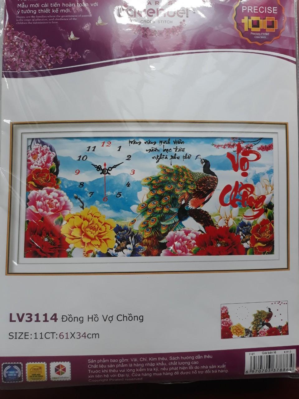 Tranh thêu chữ thập đồng hồ vợ chồng chim công LV3114 - 61 x 34 cm - chưa thêu