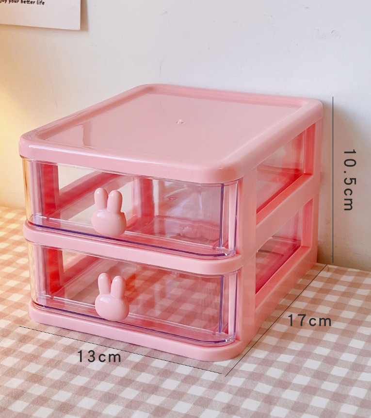 Hộp Mini 2 Tầng Để Bàn, Hộp Đựng Mỹ Phẩm Nhiều Ngăn Họa Tiết Thỏ Dễ Thương Chống Bụi