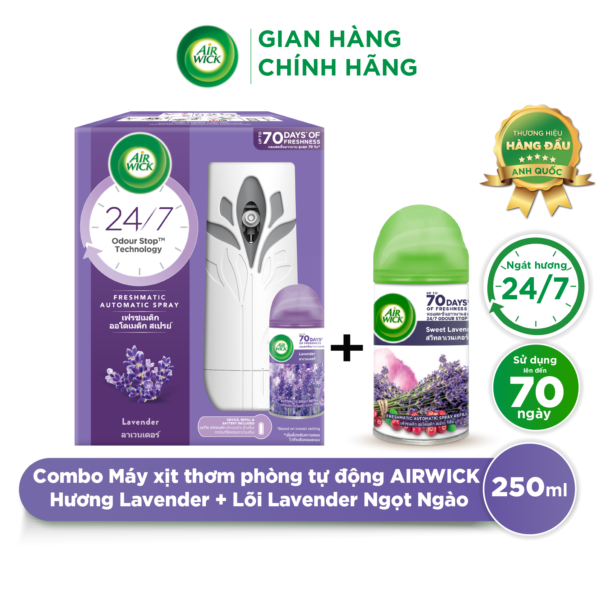 Bộ máy xịt thơm phòng tự động AIRWICK hương Lavender và Lõi Sweet Lavender, tinh dầu thiên nhiên, khử mùi hiệu quả 24/7