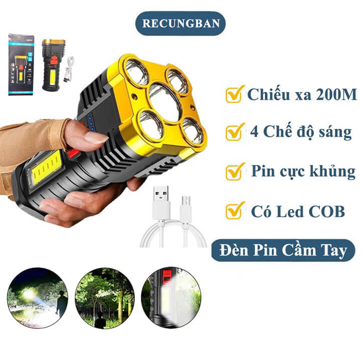 Đèn pin cầm tay siêu sáng 5 bóng chiếu xa 200m, chống thấm nước, pin dung lượng cao 4 chế độ sáng