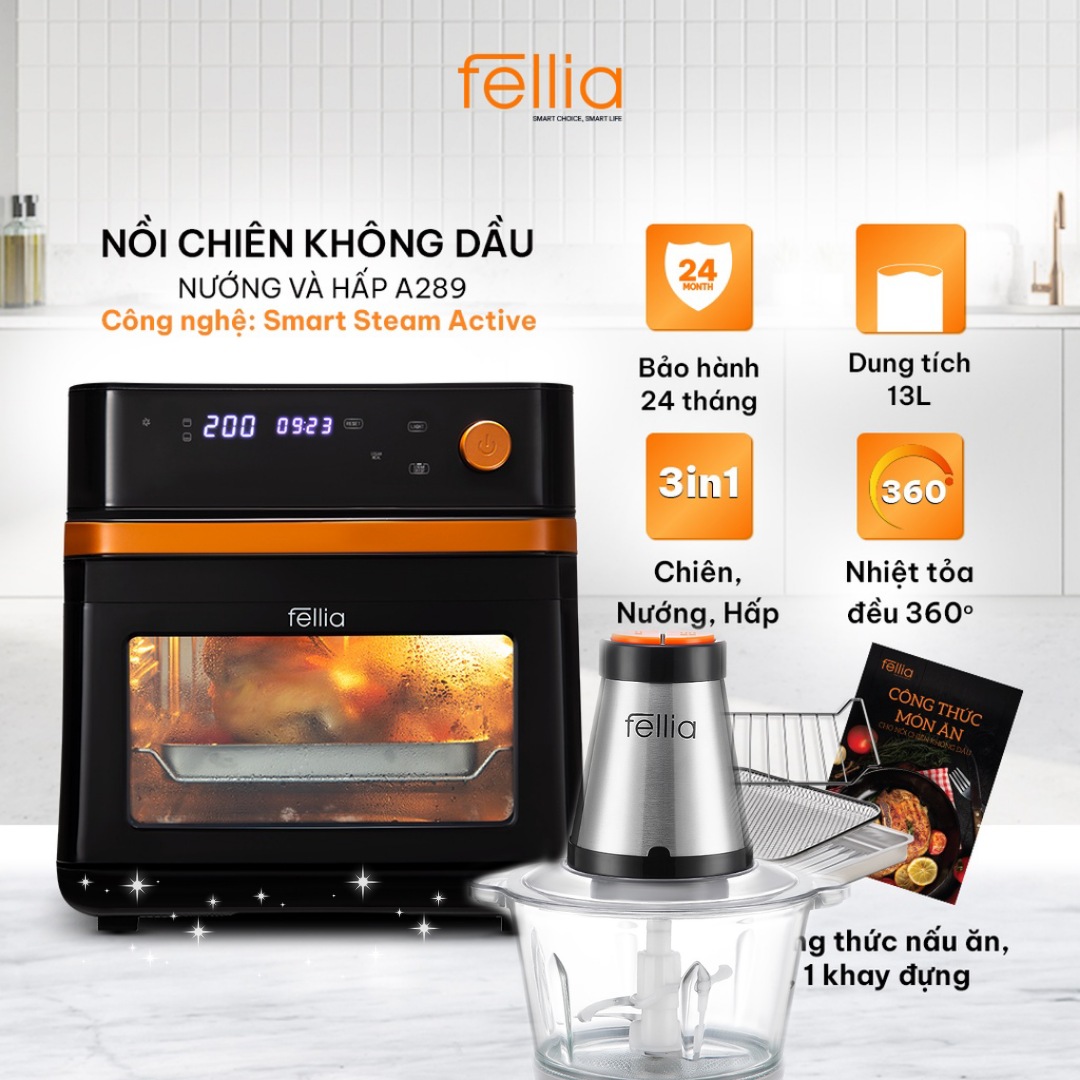 Nồi chiên không dầu nướng và Hấp Fellia A289+Máy Xay Thịt Fellia-Hàng Chính Hãng