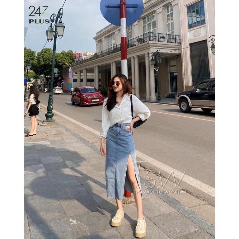 Chân váy bò dài xẻ chân cạp cao tôn dáng