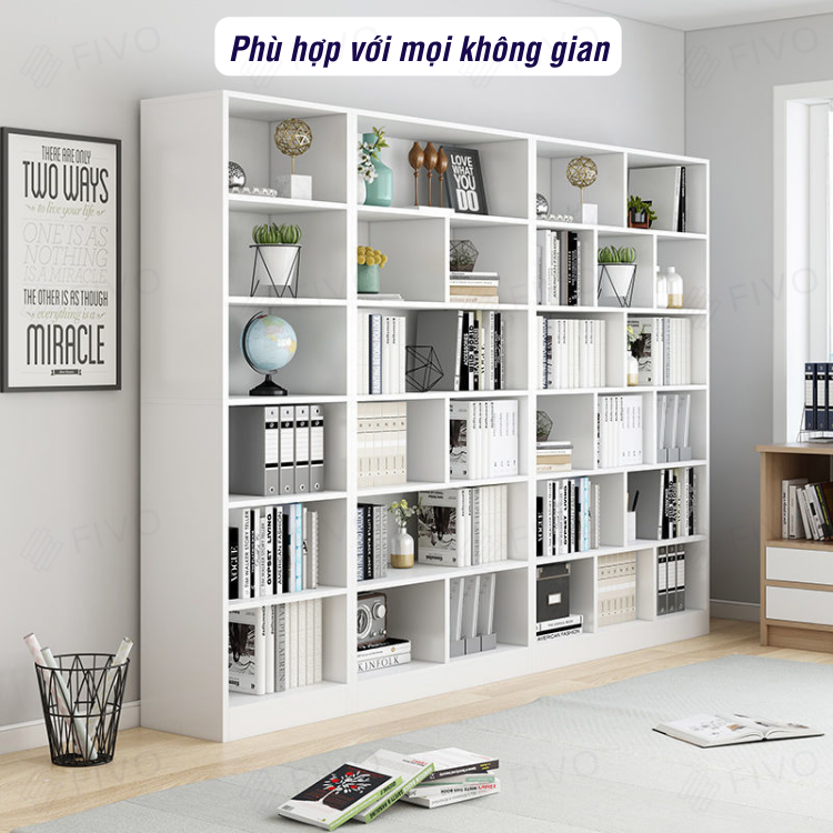 Giá Kệ Sách Để Sàn 5 Tầng Gỗ Cao Cấp Màu Trắng FIVO Mã FB70 Gỗ MDF Phủ Melamine Chống Thấm Bề Mặt Phù Hợp Với Nhiều Không Gian