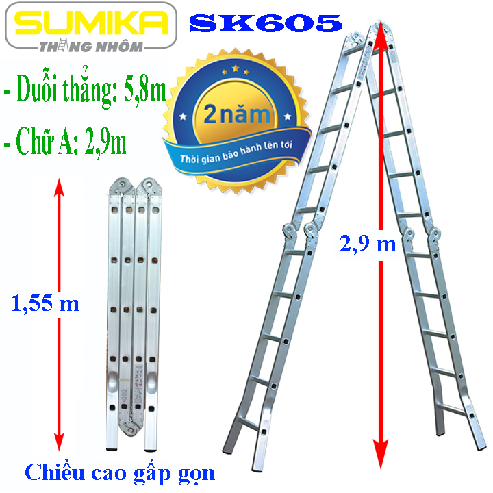 Thang Chữ A, Thang nhôm gấp 4 đoạn SUMIKA SK605 (chữ A - 2.9m, chữ I - 5.8m), 14 tư thế sử dụng, làm từ hợp kim nhôm cao cấp, khóa chốt tự động - Luon Có Phụ Kiện Thay Thế