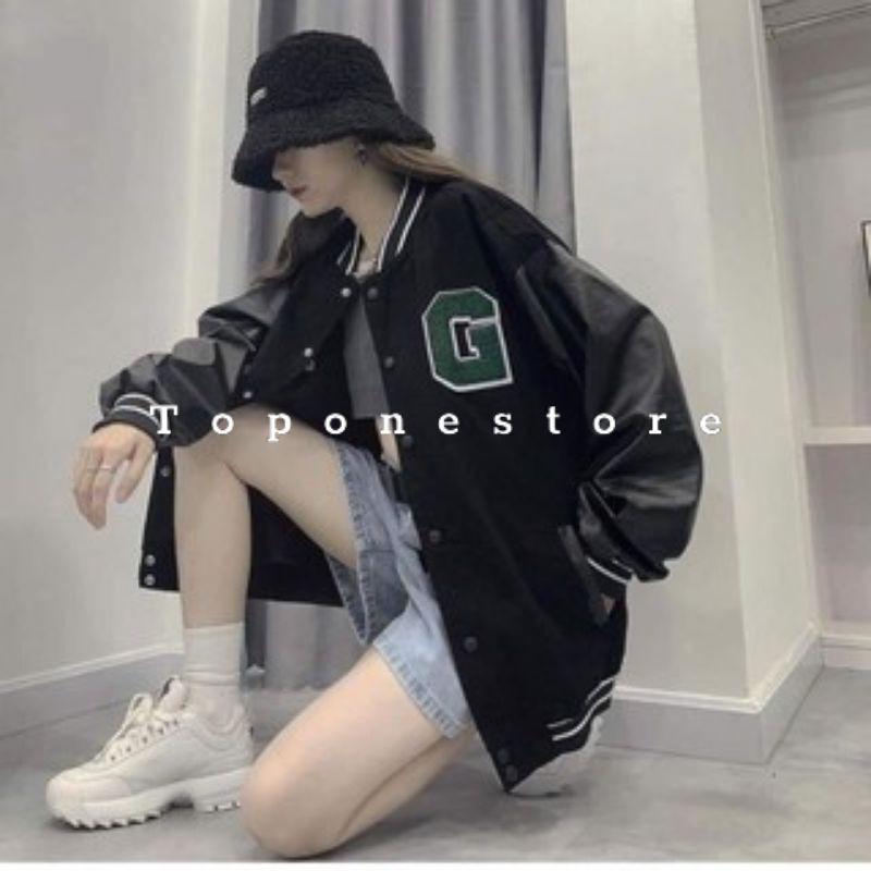 Áo khoác thu đông nam nữ kiểu bomber phối tay da chữ G cúc bấm trẻ trung cá tính/ Áo nỉ dáng rộng ulzzang siêu hàn quốc