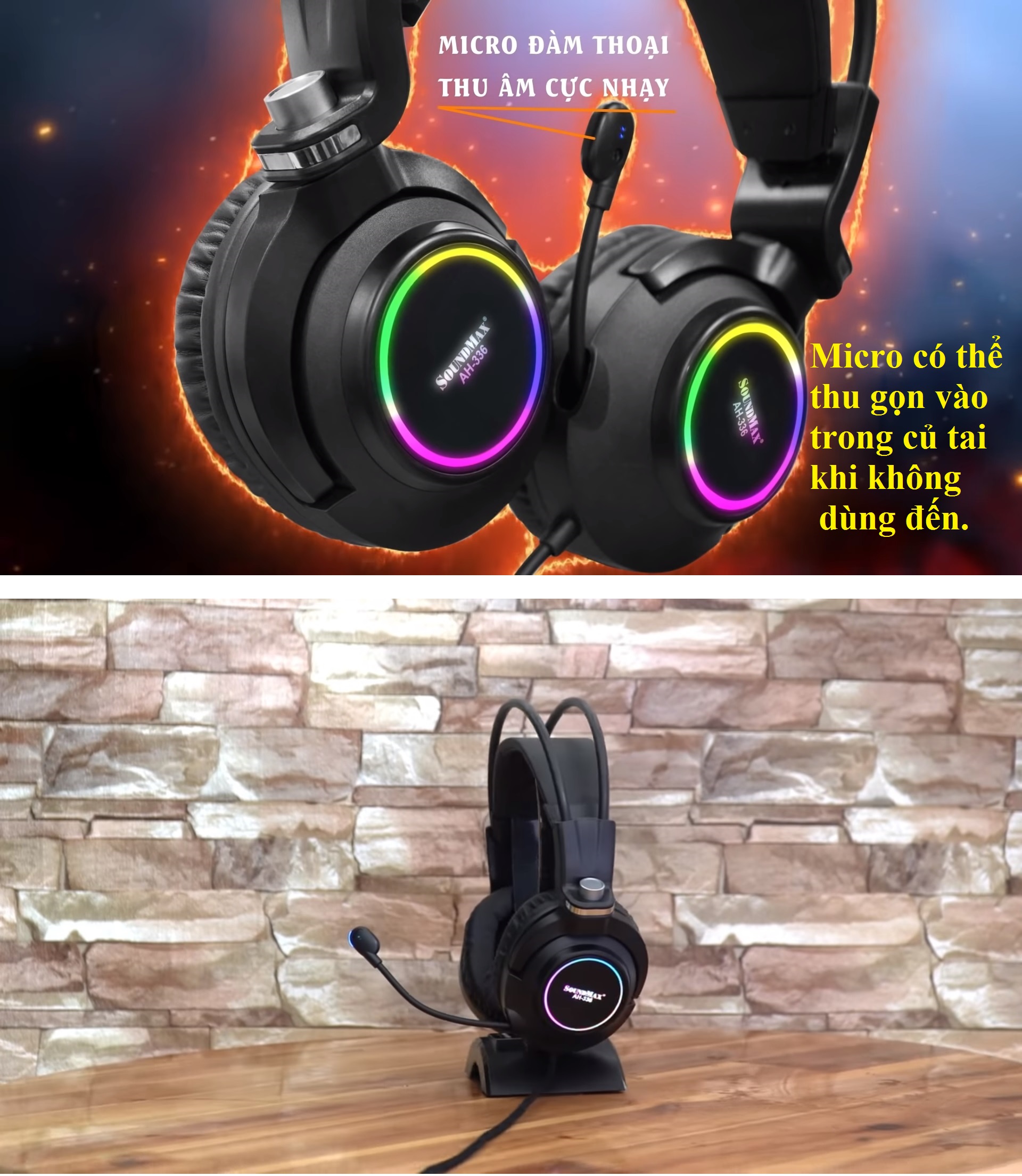 Tai nghe gaming chụp tai 2 chân cắm LED RGB hiện đại SOUNDMAX AH-336 - Hàng chính hãng
