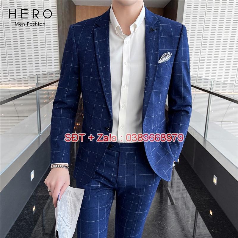 Bộ Vest Nam Cao Cấp 6 Cúc kẻ caro màu Xanh, Bộ Suit Nam Hàn Quốc Vải Sịn, Quần Tăng Chỉnh Vòng Bụng