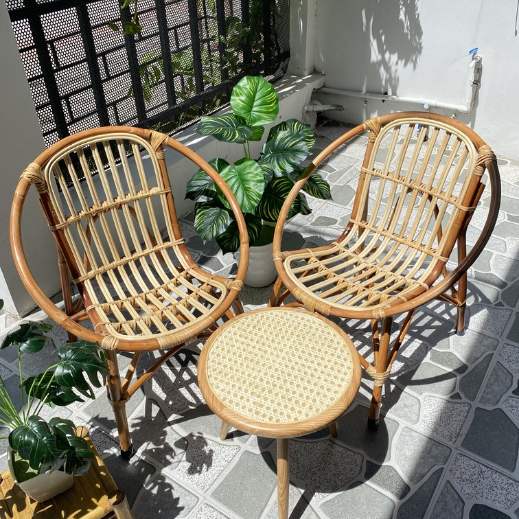 Bộ bàn ghế mây sò cao cấp kết hợp bàn mây, phù hợp làm quán Cafe / ban công gia đình / Homestay - 2 ghế chân mây + 1 bàn