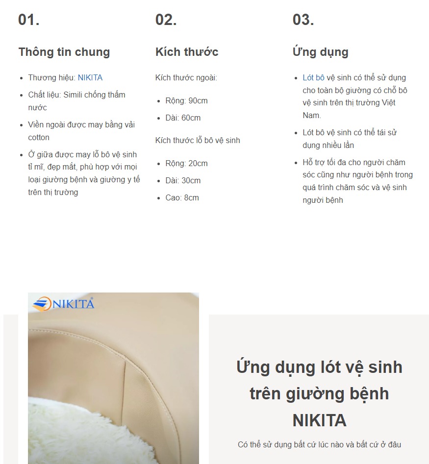 Lót bô vệ sinh, giường bệnh NIKITA, Chất liệu Simili - Hàng chính hãng