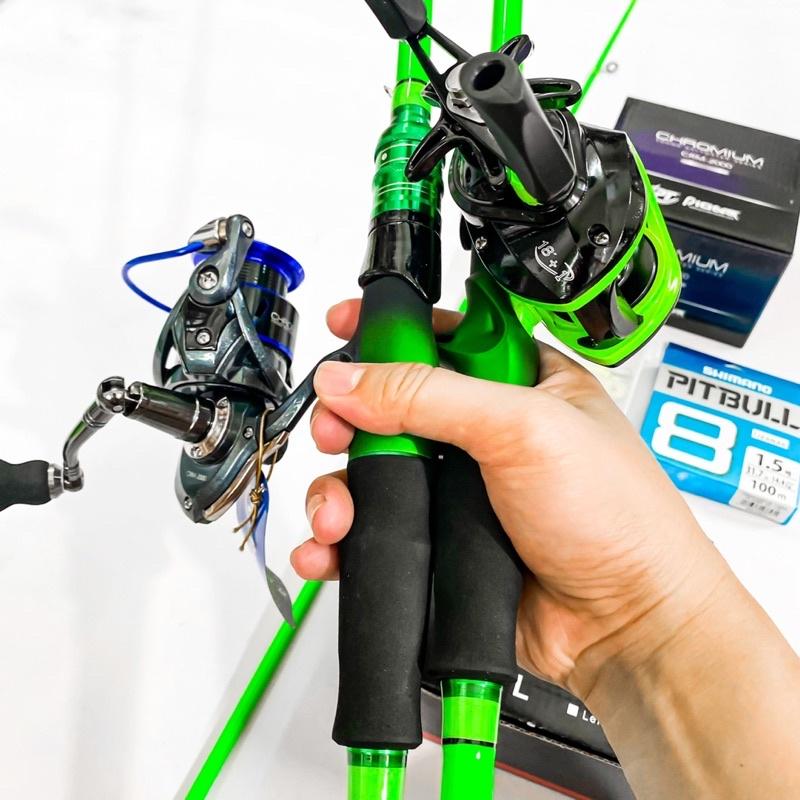 Bộ cần câu lure ngang carbon Red Wolf xanh lá máy câu ngang Xanh lá tặng bộ mồi câu và dây pe