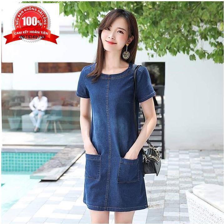 Váy jean đầm jean đầm bò nữ suông cao cấp cổ tròn tay ngắn