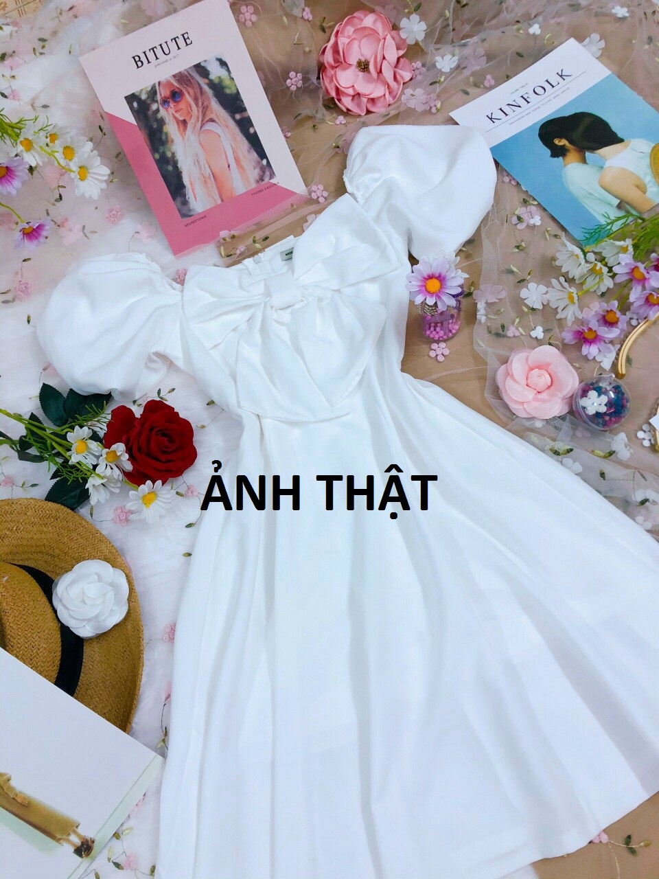 Đầm Dáng Xòe Thiết Kế Nơ Ngực Tay Phồng Chất Vải Cotton Thái Dày Dặn Có Lót Trong Hanaki HNK333