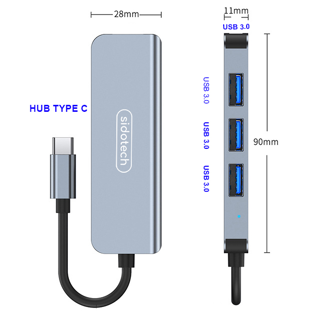 HUB Type C và HUB USB 3.0 tốc độ cao 4 in 1 Sidotech bộ chia cổng usb mở rộng kết nối chuyển đổi cho Macbook Pro Laptop PC máy tính hỗ trợ sạc pin kết nối đa năng ổ cứng bàn phím chuột máy in, thiết bị ổ chia usb - Hàng chính hãng