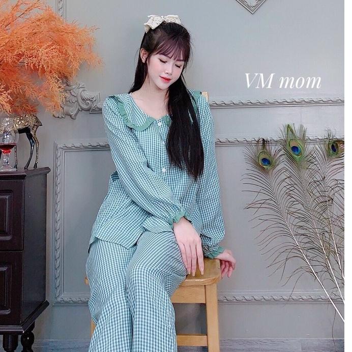 Bộ đồ bầu kết hợp cho con bú sau sinh mềm mịn co giãn cổ vạt chéo tôn dáng
