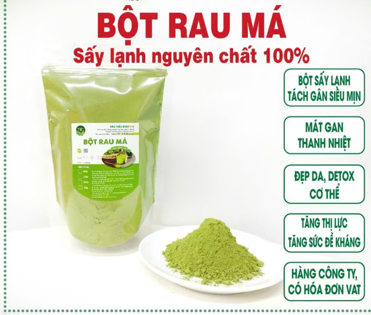 [500g] Bột rau má sấy lạnh nguyên chất 100%, tách gân siêu mịn, detox cơ thể, thanh nhiệt, đẹp da, hàng công ty
