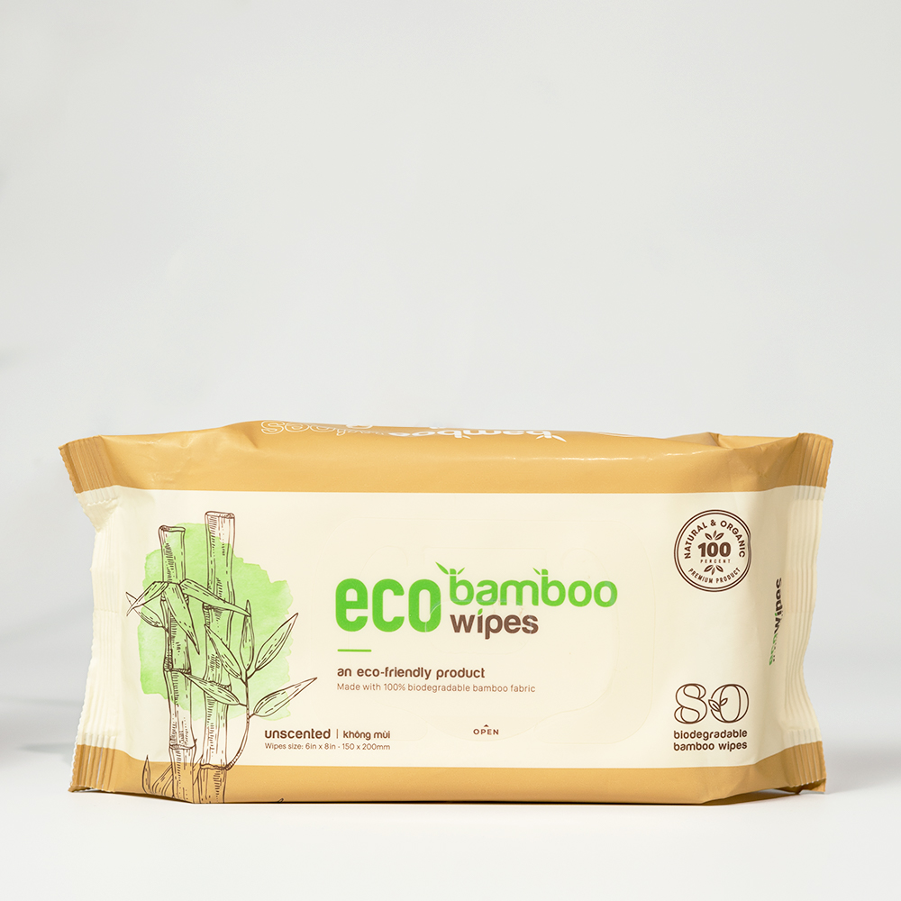 Khăn giấy ướt cao cấp EcoWipes gói 80 tờ vải sợi tre sinh thái Bamboo không mùi có thể phân hủy